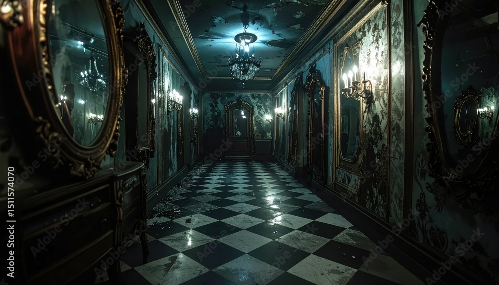 Poster dark twisted funhouse with distorted mirrors and unsettling atmosphere