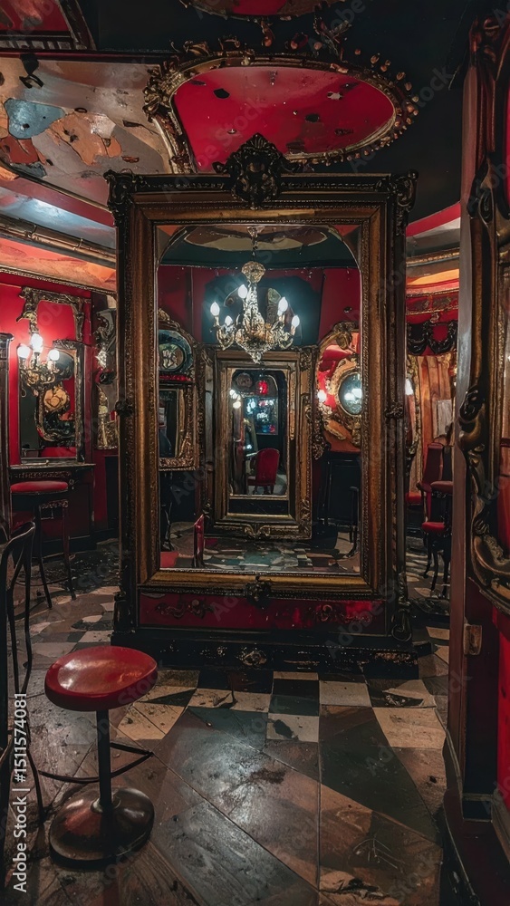 Poster dark and twisted funhouse with distorted mirrors and unsettling illusions