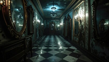 Fototapeta premium Dark Twisted Funhouse with Distorted Mirrors and Unsettling Atmosphere