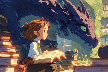A young anime girl sits comfortably amidst a colorful book mosaic, engrossed in an open book, with a dragon statue watching over her in a serene garden outside. Fantasy illustration, digital art.