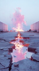 Pink Fire Explosion Reflection on Cracked Ground Pathway