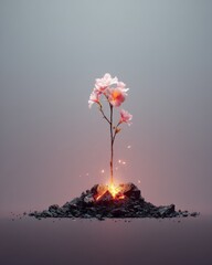 Pink Flower Emerging from Ashes: Pixel Art Rebirth
