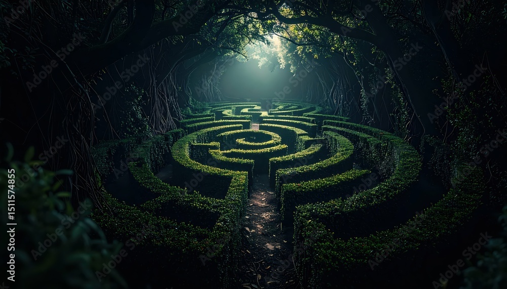 Poster dark twisted hedge maze with walls closing in and ominous atmosphere