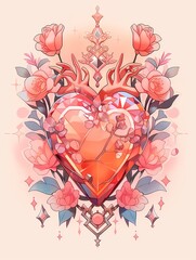 Delicate heart-shaped crystal adorned with pink and peach flowers