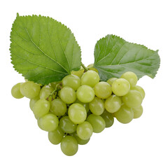 Green grapes and grape leaves isolated on a transparent background