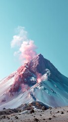 Pink Smoke Erupting From Volcanic Mountain Peak Under Blue Sky