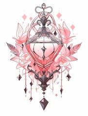 A heart-shaped pendant with a floral motif is surrounded by delicate pink flowers and leaves on a white background. Object illustration, digital art.