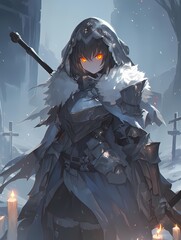 Hooded figure in winter graveyard with dark armor and glowing orange eyes.