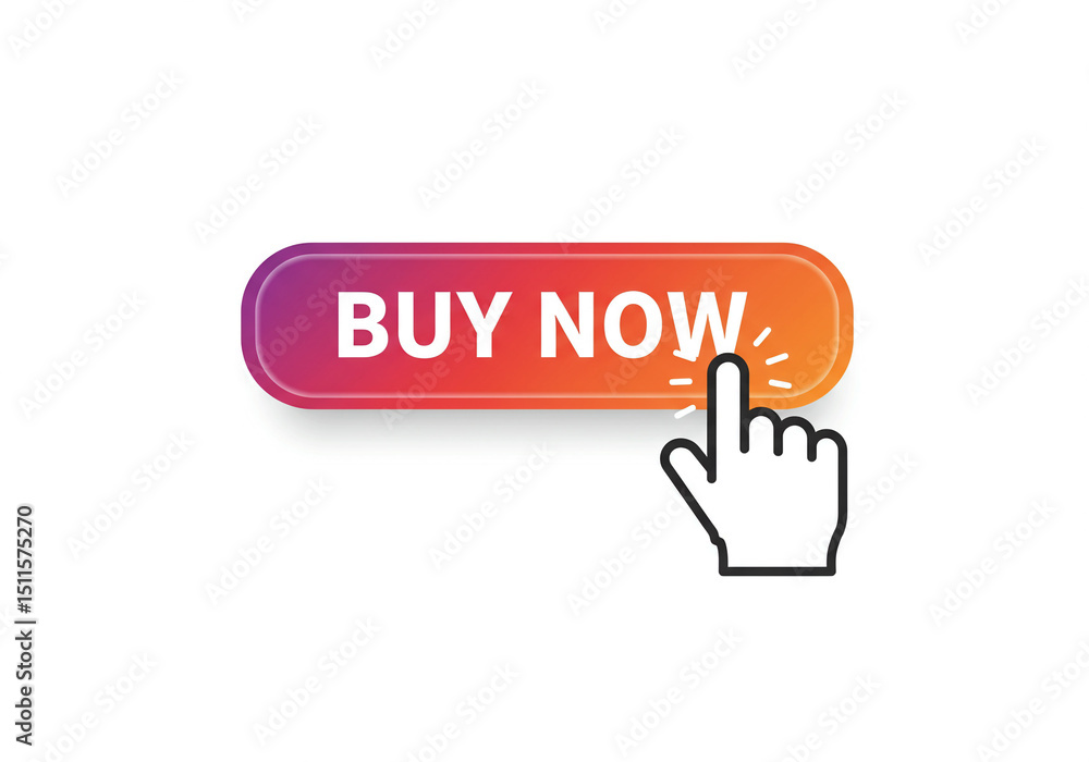 Aufkleber a buy now button with a hand cursor clicking it, the button is gradient from pink to orange color