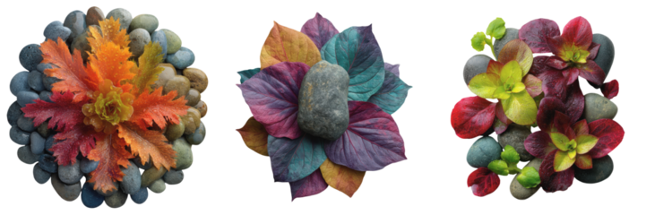 Colorful aquarium plants and stones for aquatic pet supply branding concept. Colorful succulent arrangements in a circular formation