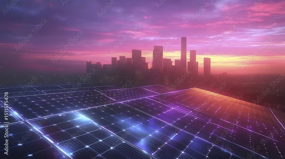Poster 夕焼け空の下の都市スカイラインと輝くデジタルグリッド 夜景 シルエットとピンク紫色の空