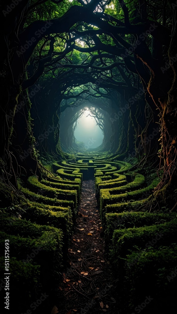 Poster dark twisted maze with walls closing in surrounded by trees