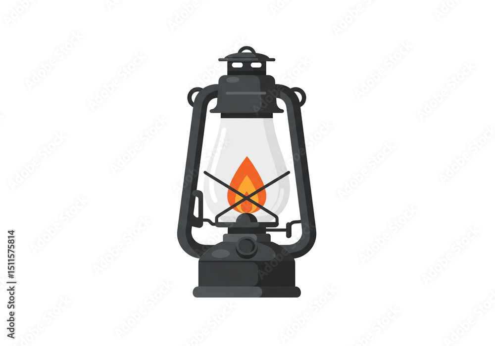 Poster a vector illustration of a black kerosene lantern with a flame inside on a white background
