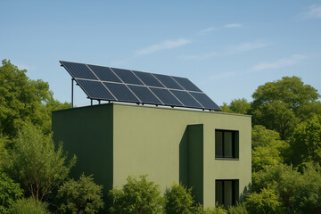 Modern solar panel array on minimalist green building surrounded by lush trees under clear blue sky, showcasing sustainable energy and eco friendly architecture