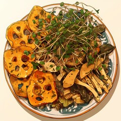 Stylized anime illustration of a plate of vegetables