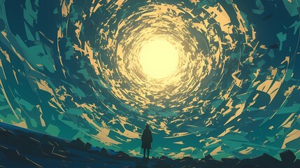A lone figure stands at the edge of a swirling vortex, gazing into a tunnel-like formation that spirals into the distance.