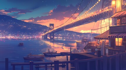Anime illustration of a serene night scene at a harbor with city lights reflection.