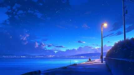 Serene coastal promenade at night