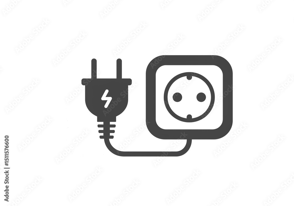 Poster a simple gray scale icon showing an electrical plug and an outlet on a plain white background design