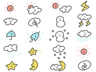 Naklejka premium 手描きのかわいいキャラクター天気予報アイコンセット・太陽・雨・曇り・雪 