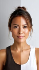 Portrait of a Young Woman Showing Skin Tone Contrast Before and After Tanning
