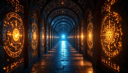 Mysterious Dark Hallway with Glowing Symbols on Ancient Walls