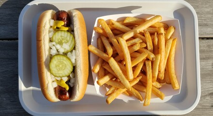 Delicious hot dog with pickles and onions served alongside crispy golden fries on a white tray enjoying the warm sunlight outdoors