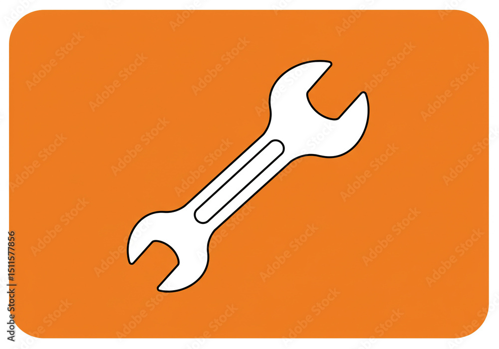 Poster a white wrench with black outline on an orange rounded square background in a simple vector style