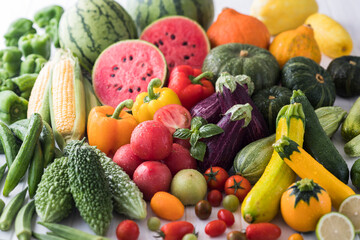 【夏野菜】表情豊かな夏野菜たち。トマト・ズッキーニ・ゴーヤ・オクラ・トウモロコシ・ナス・キュウリ・カボチャ・パプリカ・スイカ