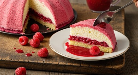 Delicious pink raspberry mousse cake with a creamy filling, served on a rustic wooden table with fresh raspberries and berry sauce