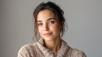 Portrait of a Young Woman with Freckles Smiling Gently