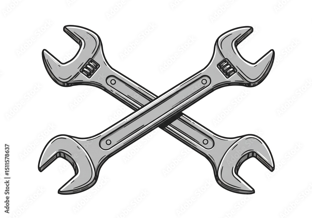 Poster illustration of two crossed adjustable wrenches with a gray color scheme on a white background