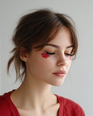 Portrait of a Young Woman with Red Glitter Makeup and Closed Eyes