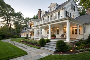Modern colonial home exterior features a beautiful gray porch with a garden. New England style house with a wall and yard. Exterior view of a house with a porch and balcony.