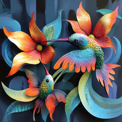 Multicolored Bird and Flower Illustration.