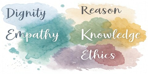 World Humanist Day celebration featuring values of dignity, reason, empathy, knowledge, and ethics in a watercolor design