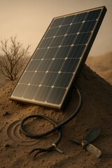 Solar Panel Breakdown in Desert with Dust, Broken Cable, and Fan Blade

