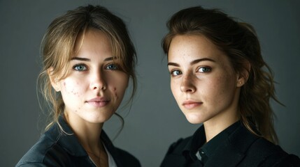 Portrait of Two Young Women with Freckles Closeup Studio Shot