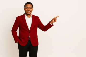 Confident Man in Red Blazer Giving Presentation on White Background