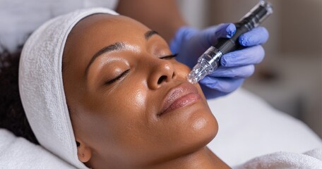 Black woman gets skin microneedling in beauty clinic. High quality