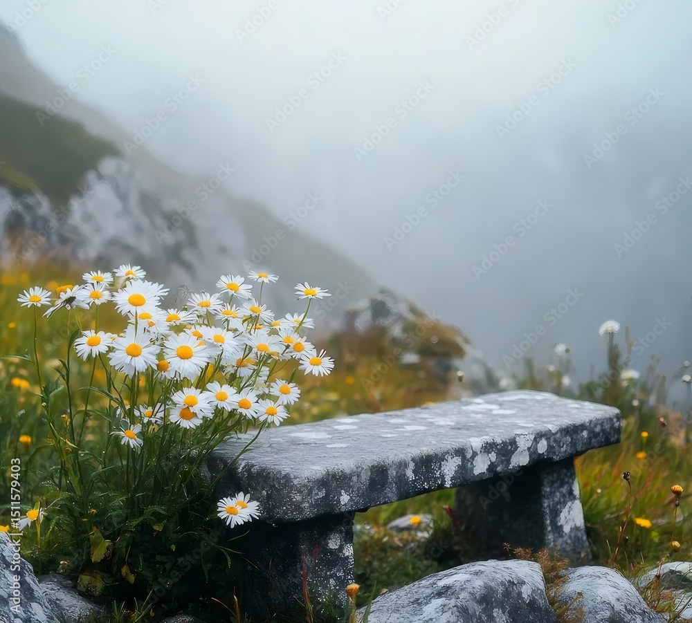 Aufkleber 霧の中のデイジーの花と石のベンチ山の風景緑豊かな草と白黄色の花のクローズアップ