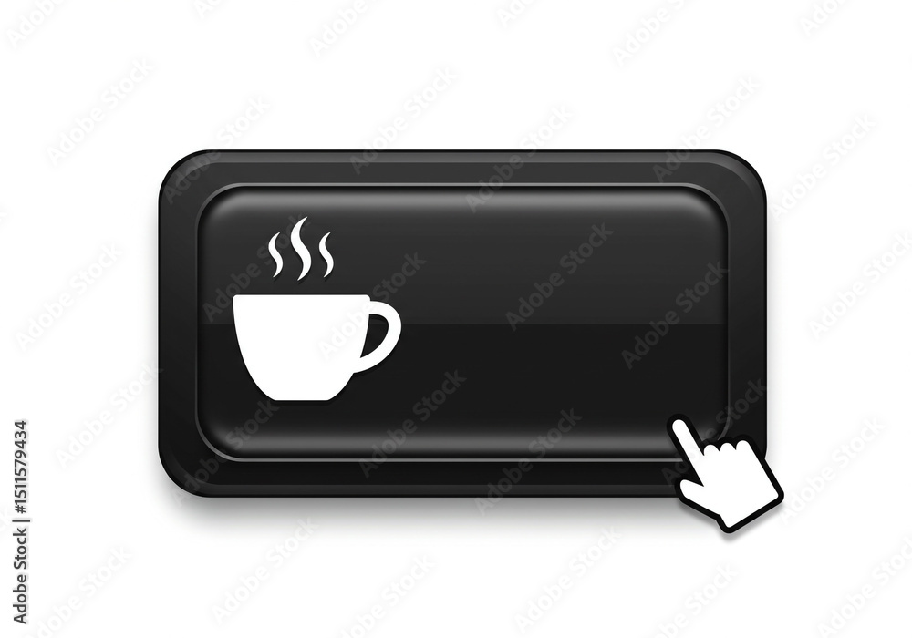 Aufkleber a black button with a coffee cup icon and a hand cursor pointing at the button on a white background