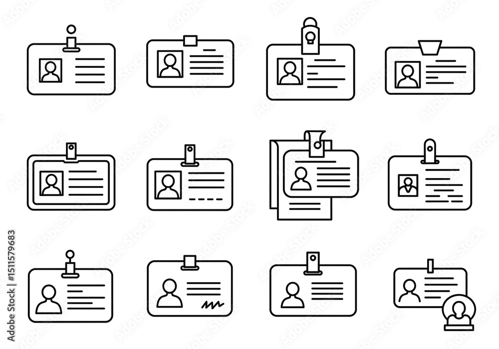 Poster a collection of twelve outline drawings of identification cards with different styles and attachment