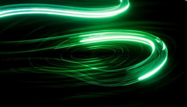 Abstract green glowing curves on a dark background