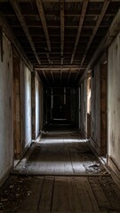 Obraz premium Dark Hallway of a Decaying Abandoned Sawmill with Eerie Atmosphere