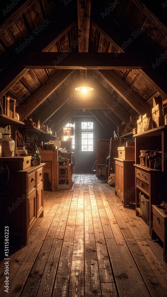 Poster dark and creepy attic with dusty boxes and unsettling objects