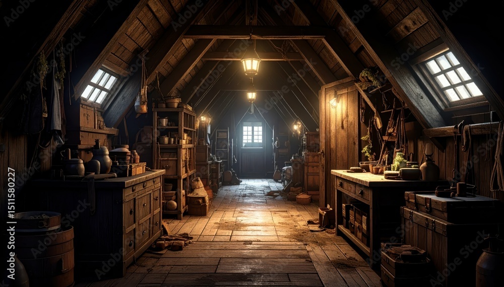 Poster dark creepy attic with dusty boxes and unsettling objects