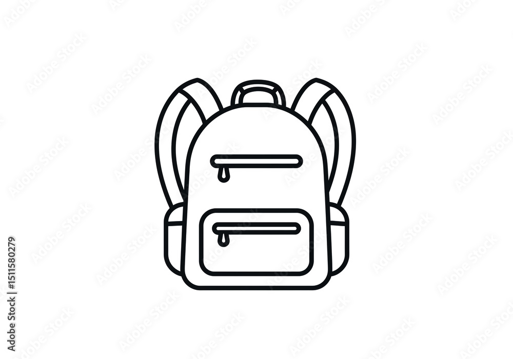 Poster a simple line drawing of a backpack with straps and two zippered compartments on a white background
