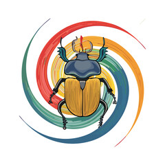 Rhinoceros Beetle in a Whimsical Scene with Vibrant Swirl Motions All Around.