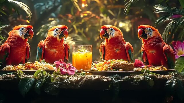 Festive Parrot Party: A Tropical Feast with Scarlet Macaws Enjoying Food and Drinks